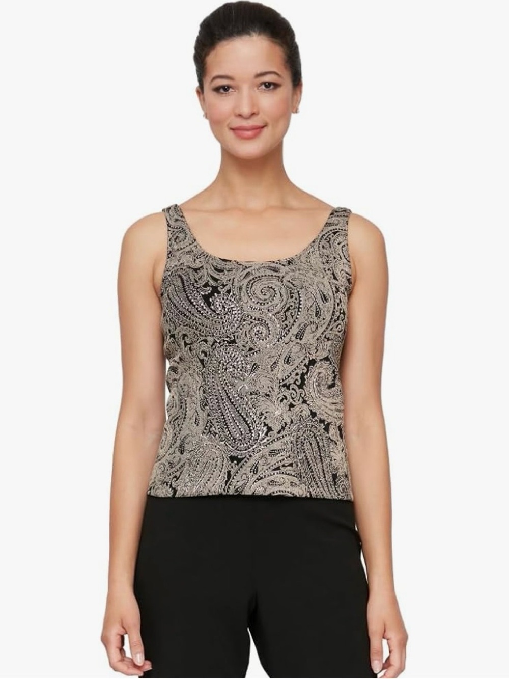 Sleeveless Paisley Tank Top in Black and Beige